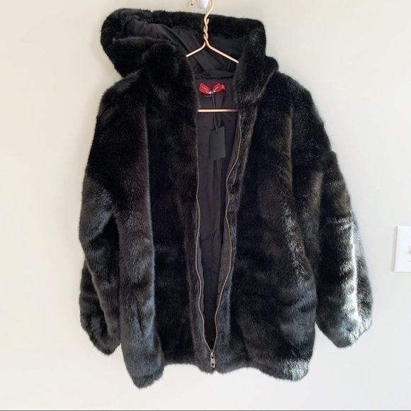 n: PHILANTHROPY Black Faux Fur‎ Full Zip Hooded Coat Jacket New Size Small - Picture 7 of 12